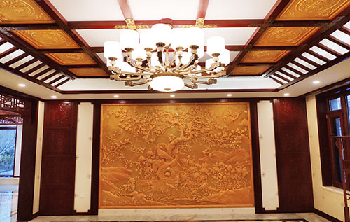 余姚中式别墅客厅中式木作横梁吊顶装饰展示